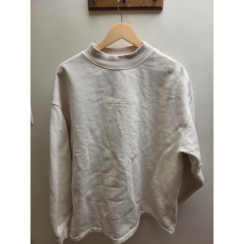 Fear of God Essentials Mock Neck Sweatshirt Cream Tan Flocked Logo Womens Small